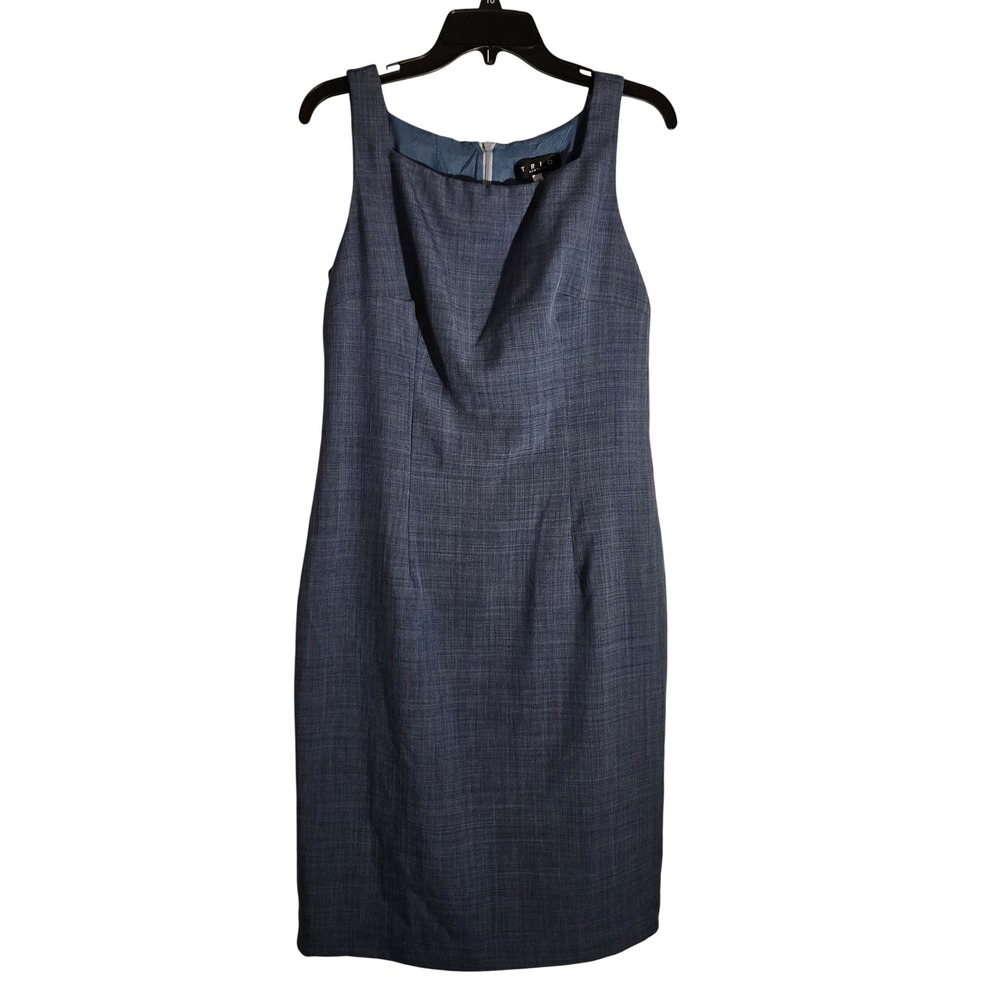 Trio New York Blue Textured Sleeveless Sheath Dress Size 12 Square Neck Career